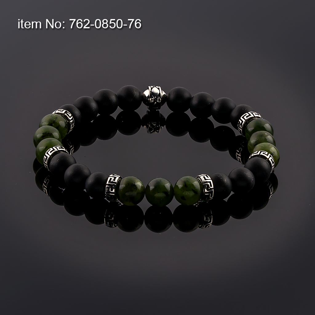 Βραχιόλι με Black Onyx και Canadian Jade Χάντρες 10mm με ασημένιο σχέδιο μαίανδρος δεμένο με ελαστικό κορδόνι σιλικόνης