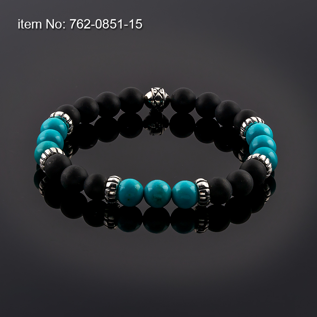 Βραχιόλι με Black Onyx και Turquoise Χάντρες 8mm με ασημένιες ροδέλες δεμένο με ελαστικό κορδόνι σιλικόνης