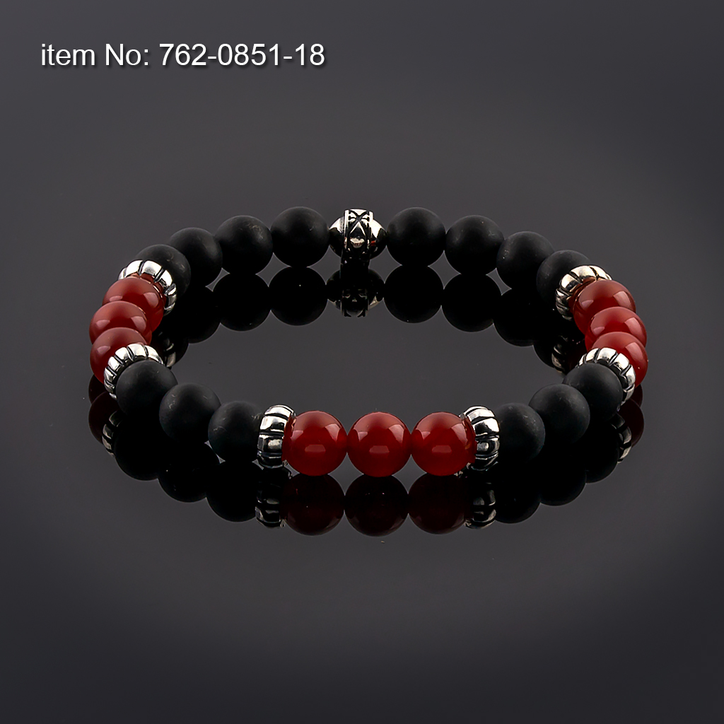 Bracelet Black Onyx and Garnet Beads 8mm with sterling silver washers tied with elastic cord