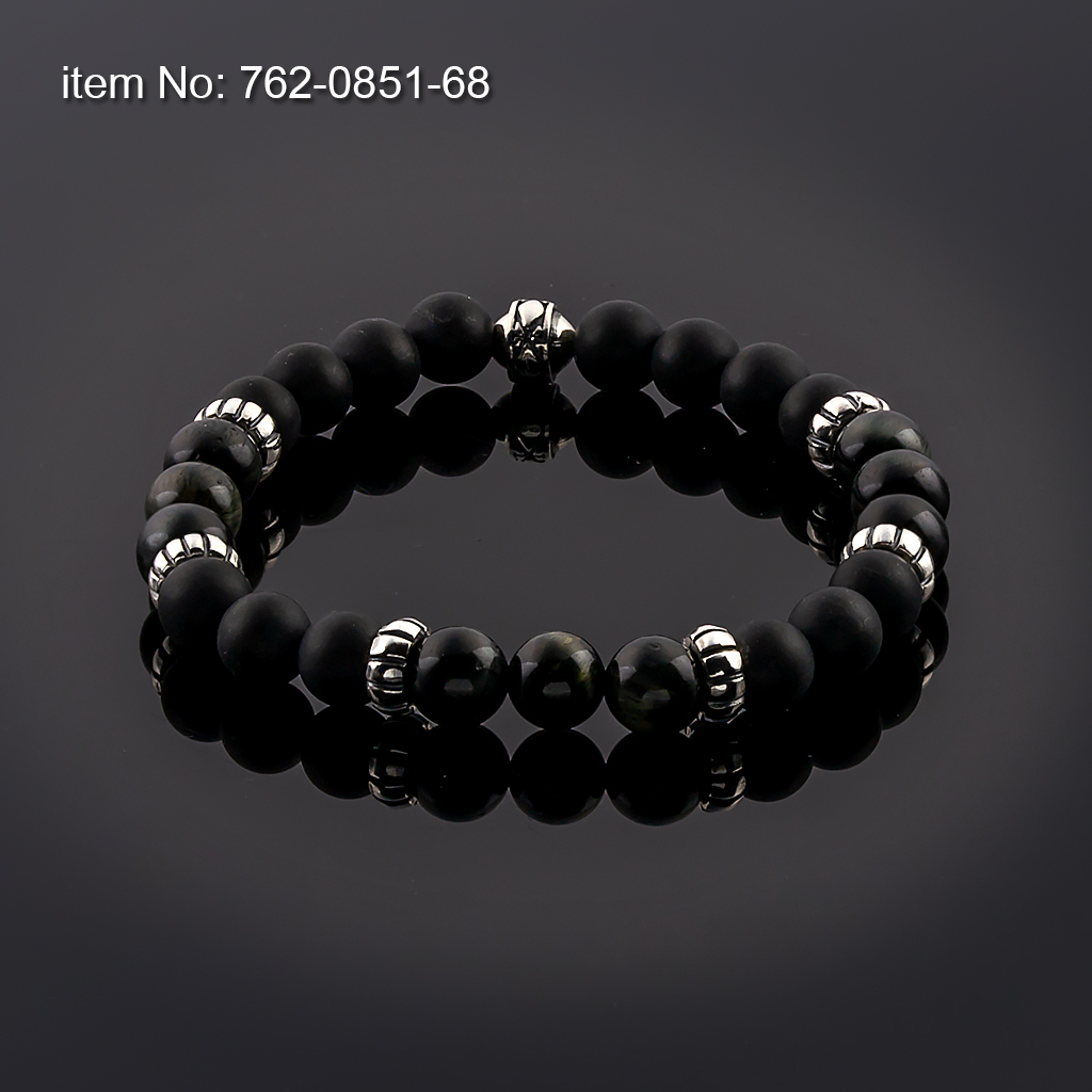 Bracelet Black Onyx and Obsidian Beads 8mm with sterling silver washers tied with elastic cord