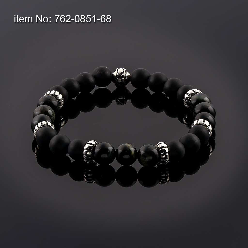 Βραχιόλι με Black Onyx και Obsidian Χάντρες 8mm με ασημένιες ροδέλες δεμένο με ελαστικό κορδόνι σιλικόνης