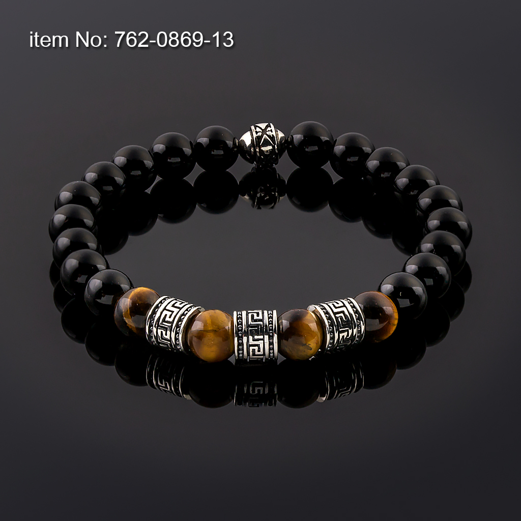 Βραχιόλι με Black Onyx και Tiger Eye Χάντρες 8mm με ασημένιο σχέδιο μαίανδρος δεμένο με ελαστικό κορδόνι σιλικόνης