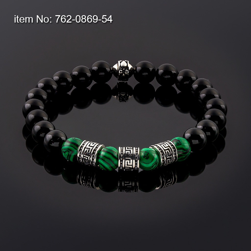 Βραχιόλι με Black Onyx και Malachite Χάντρες 8mm με ασημένιο σχέδιο μαίανδρος δεμένο με ελαστικό κορδόνι σιλικόνης